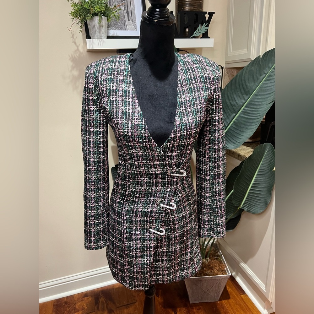 Zara Tweed Textured Blazer Wrap w/ Rhinestone Pin Detail V-Neck Dress XS